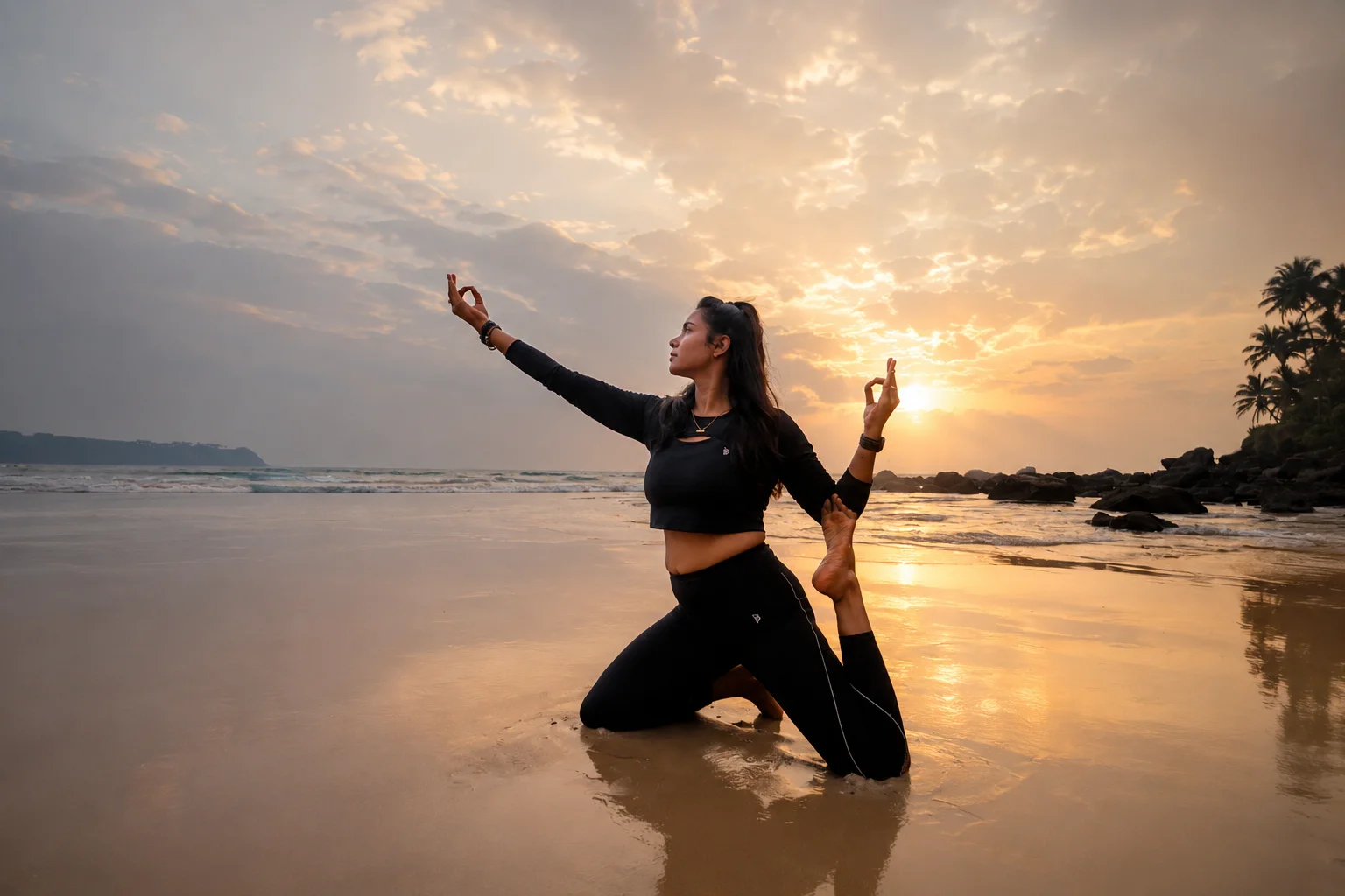 Yoga practitioner in deep alignment in studio
